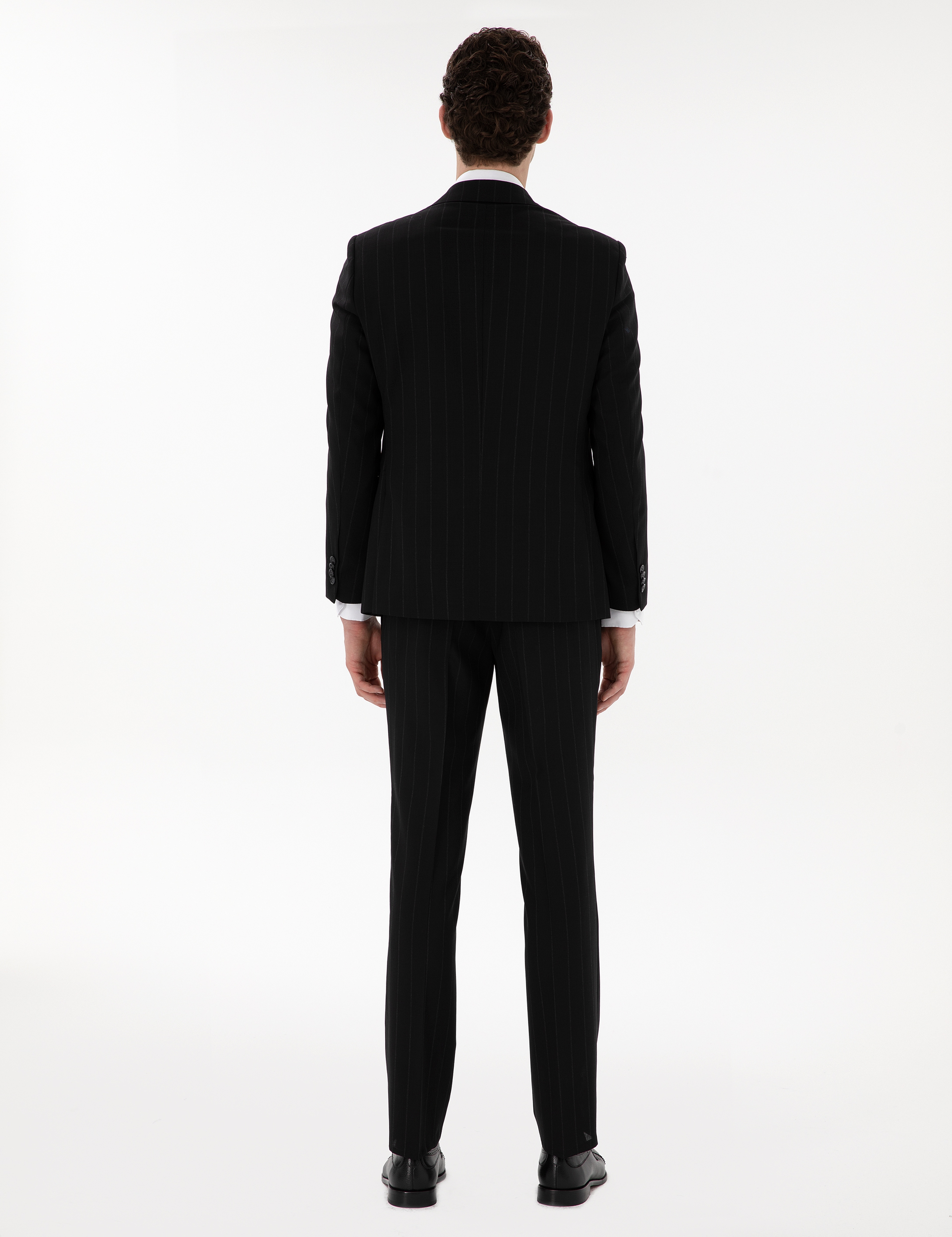 Siyah Slim Fit Çizgili Yün Takım Elbise - Image 5