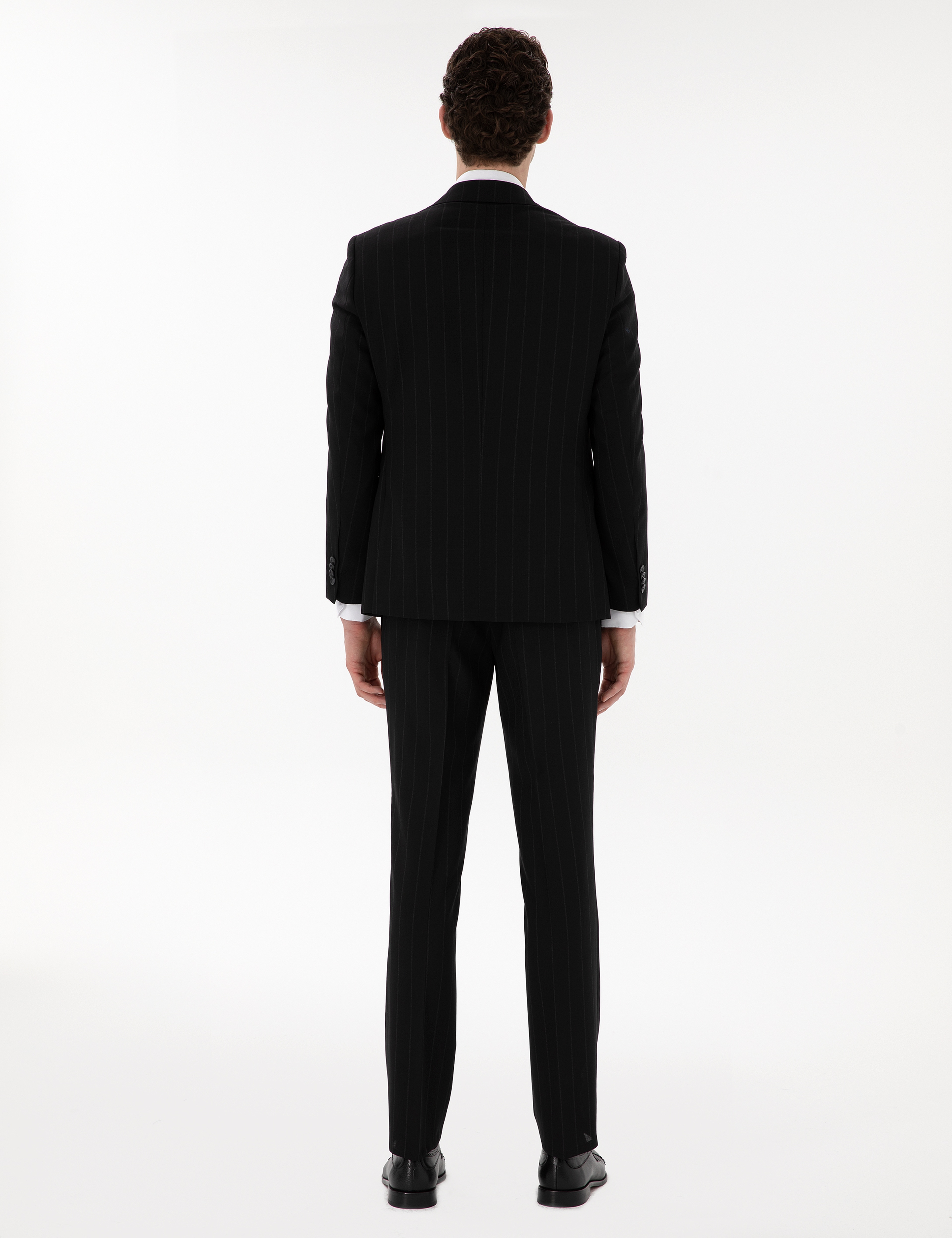 Siyah Slim Fit Çizgili Yün Takım Elbise