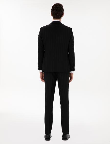 Siyah Slim Fit Çizgili Yün Takım Elbise - 50302430044
