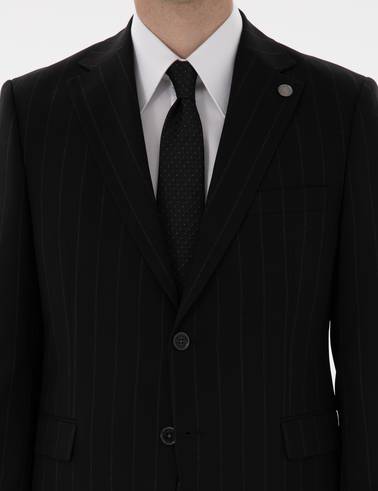 Siyah Slim Fit Çizgili Yün Takım Elbise