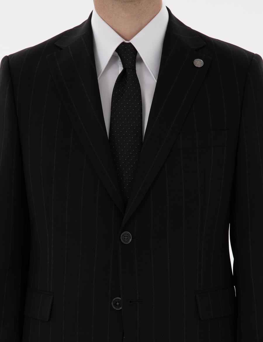 Siyah Slim Fit Çizgili Yün Takım Elbise