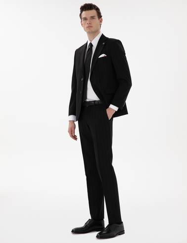 Siyah Slim Fit Çizgili Yün Takım Elbise
