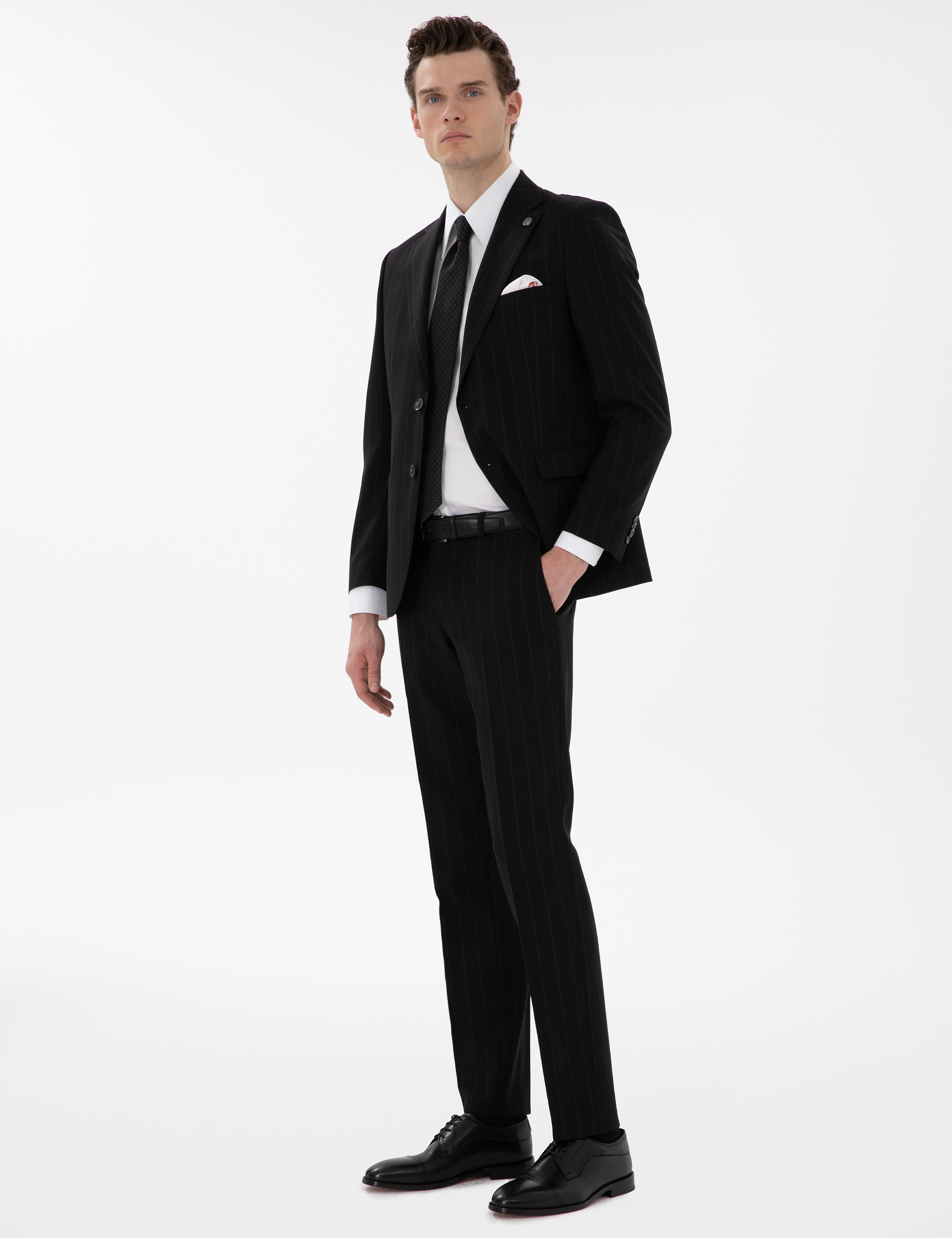 Siyah Slim Fit Çizgili Yün Takım Elbise - Image 4