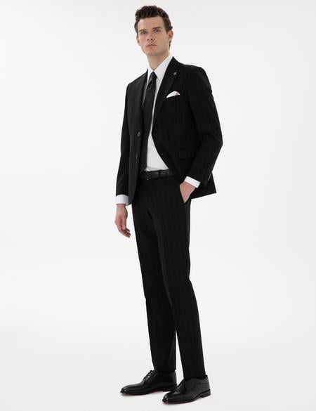 Siyah Slim Fit Çizgili Yün Takım Elbise - 50302430044