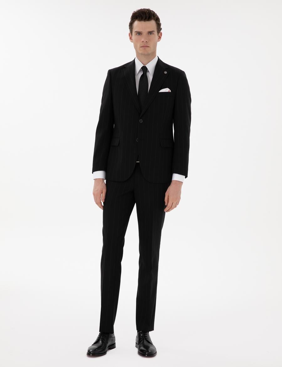 Siyah Slim Fit Çizgili Yün Takım Elbise