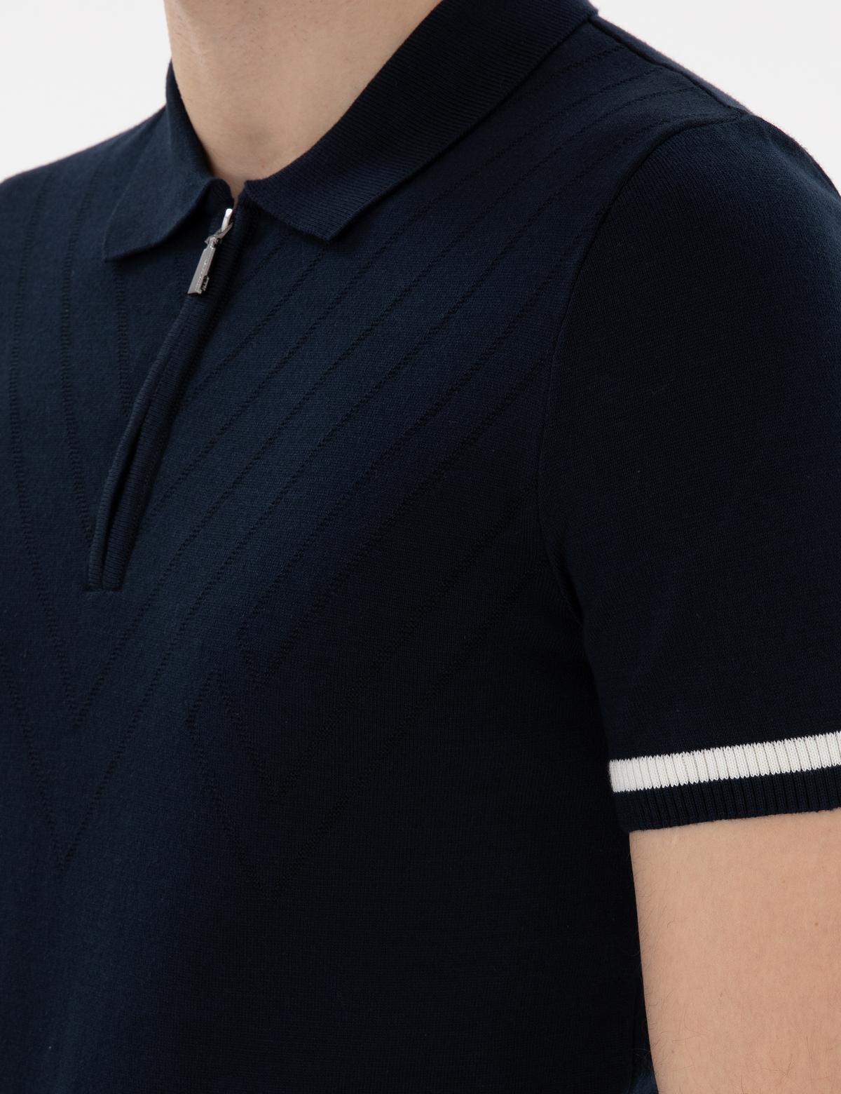 Lacivert Slim Fit Fermuarlı Polo Yaka Triko Tişört - 50303473011