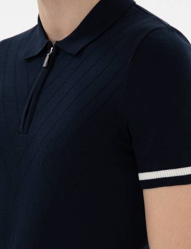 Lacivert Slim Fit Fermuarlı Polo Yaka Triko Tişört