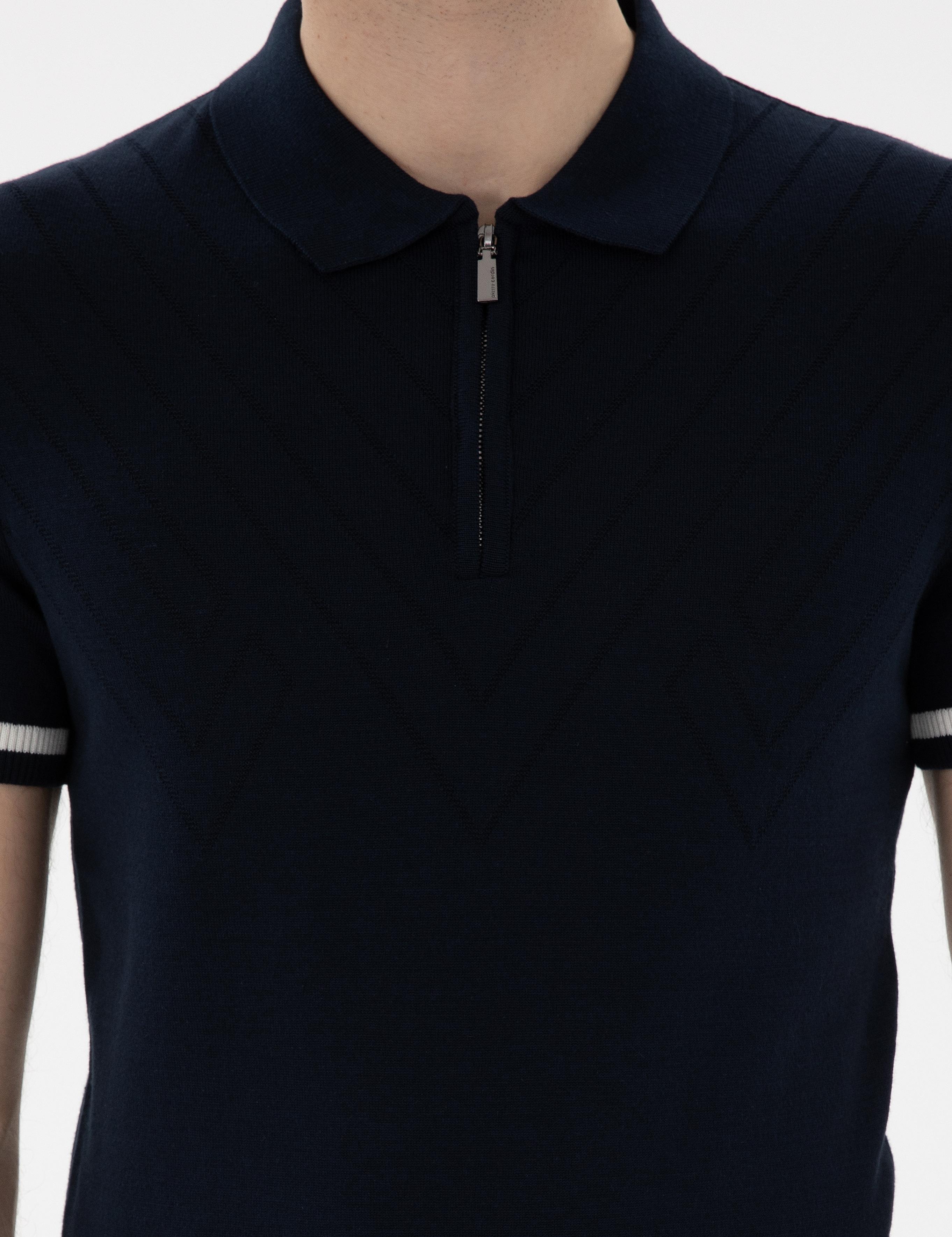 Lacivert Slim Fit Fermuarlı Polo Yaka Triko Tişört