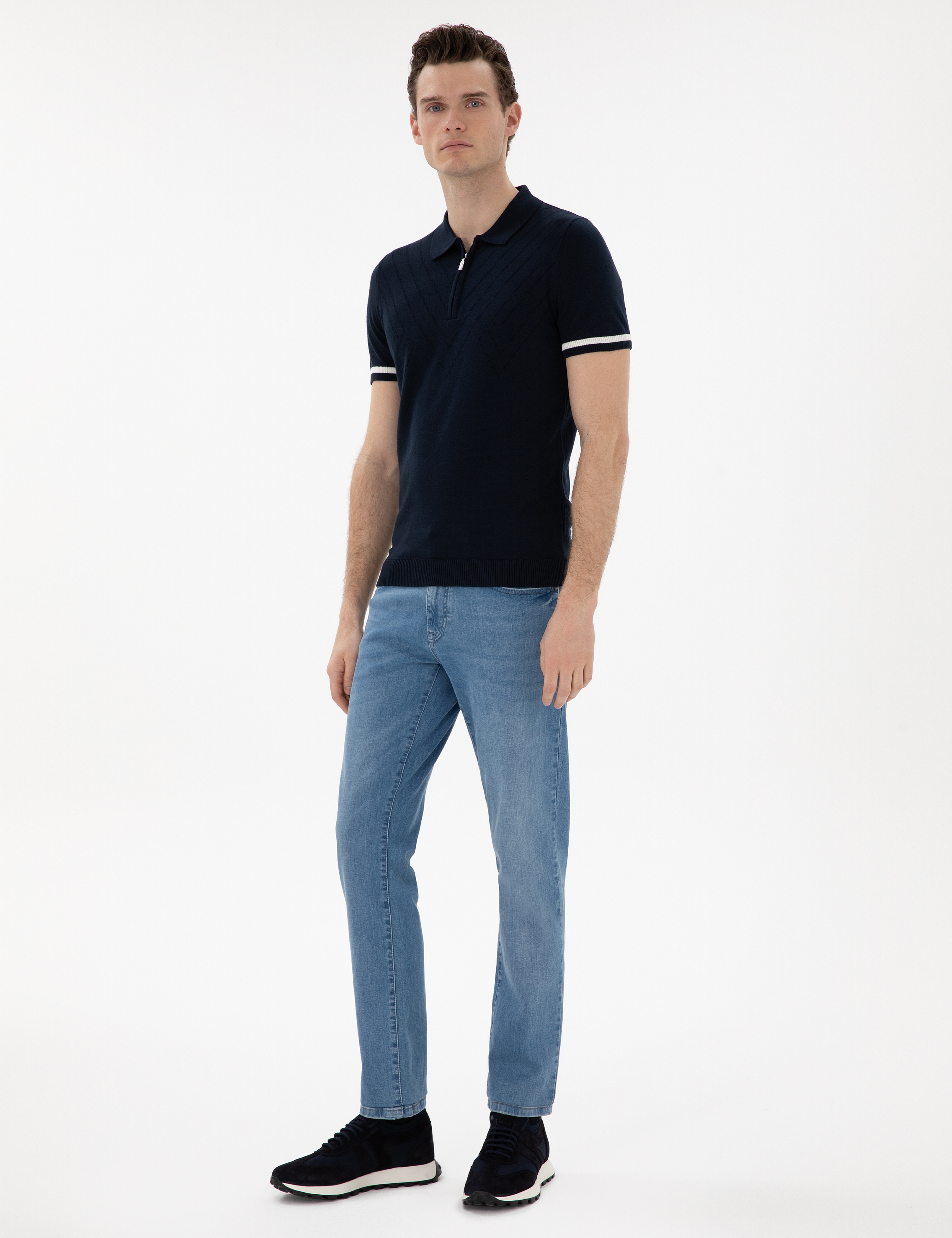 Lacivert Slim Fit Fermuarlı Polo Yaka Triko Tişört - Image 4