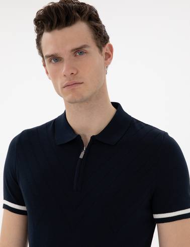 Lacivert Slim Fit Fermuarlı Polo Yaka Triko Tişört