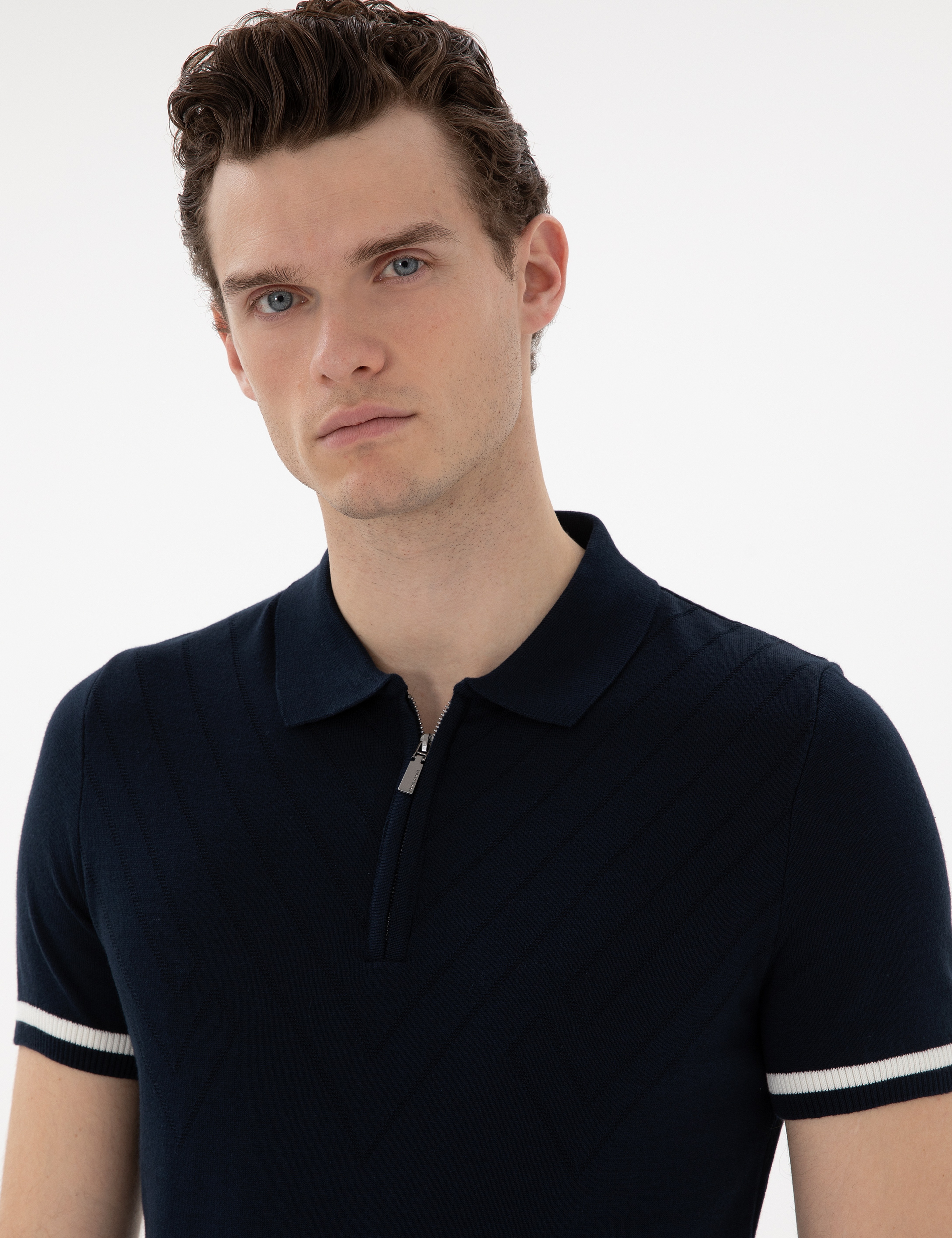 Lacivert Slim Fit Fermuarlı Polo Yaka Triko Tişört - Image 2