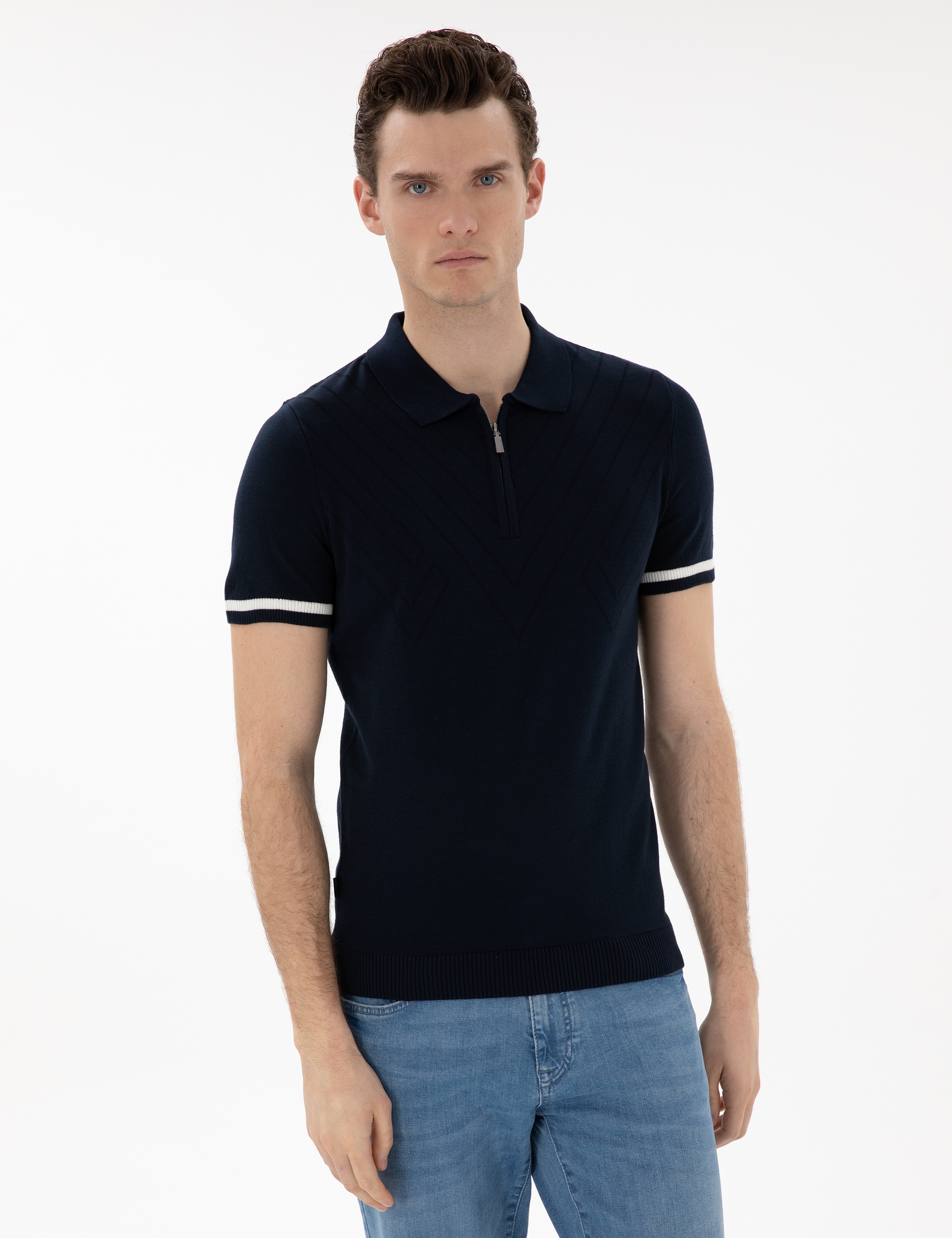 Lacivert Slim Fit Fermuarlı Polo Yaka Triko Tişört - Image 1