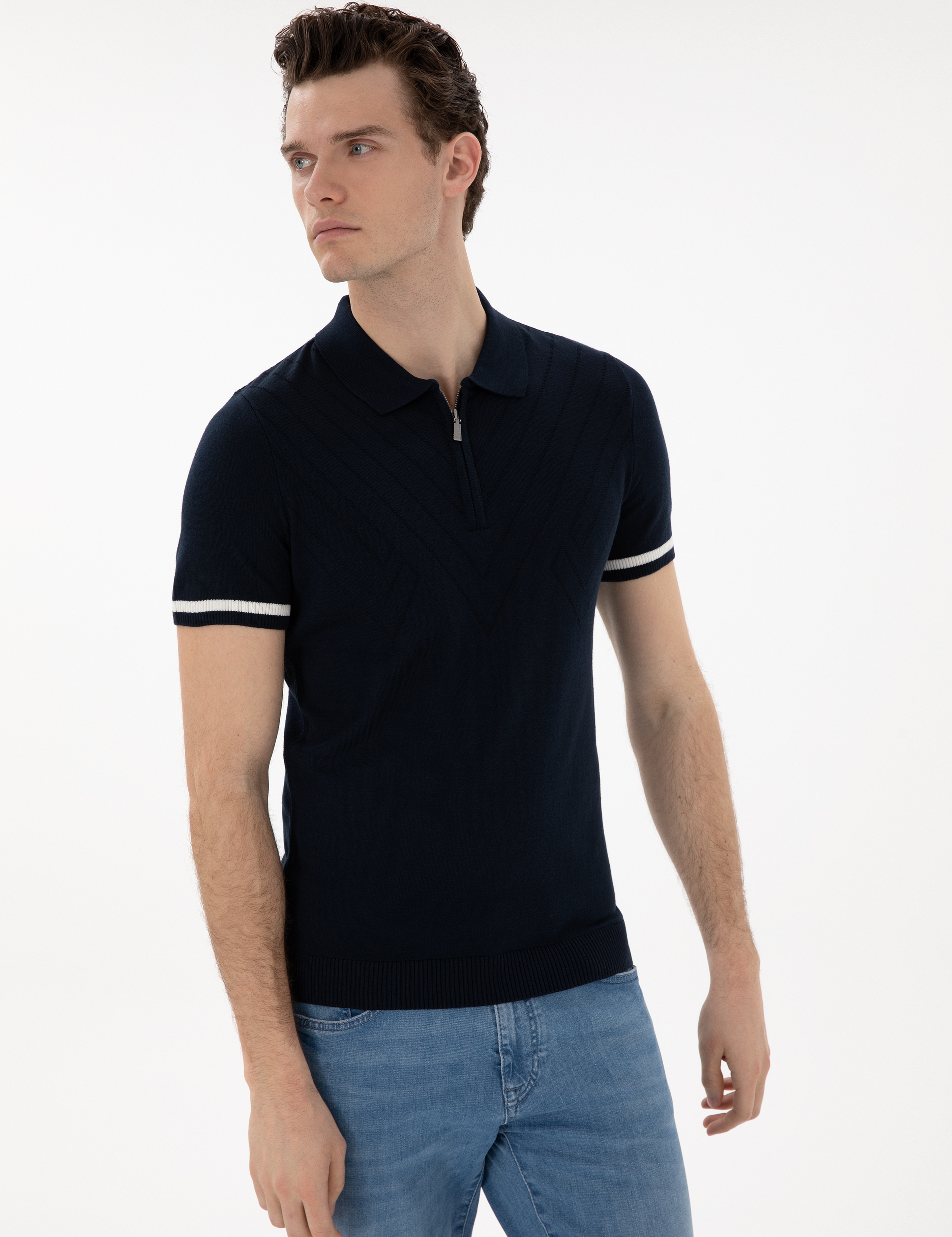 Lacivert Slim Fit Fermuarlı Polo Yaka Triko Tişört - Image 3