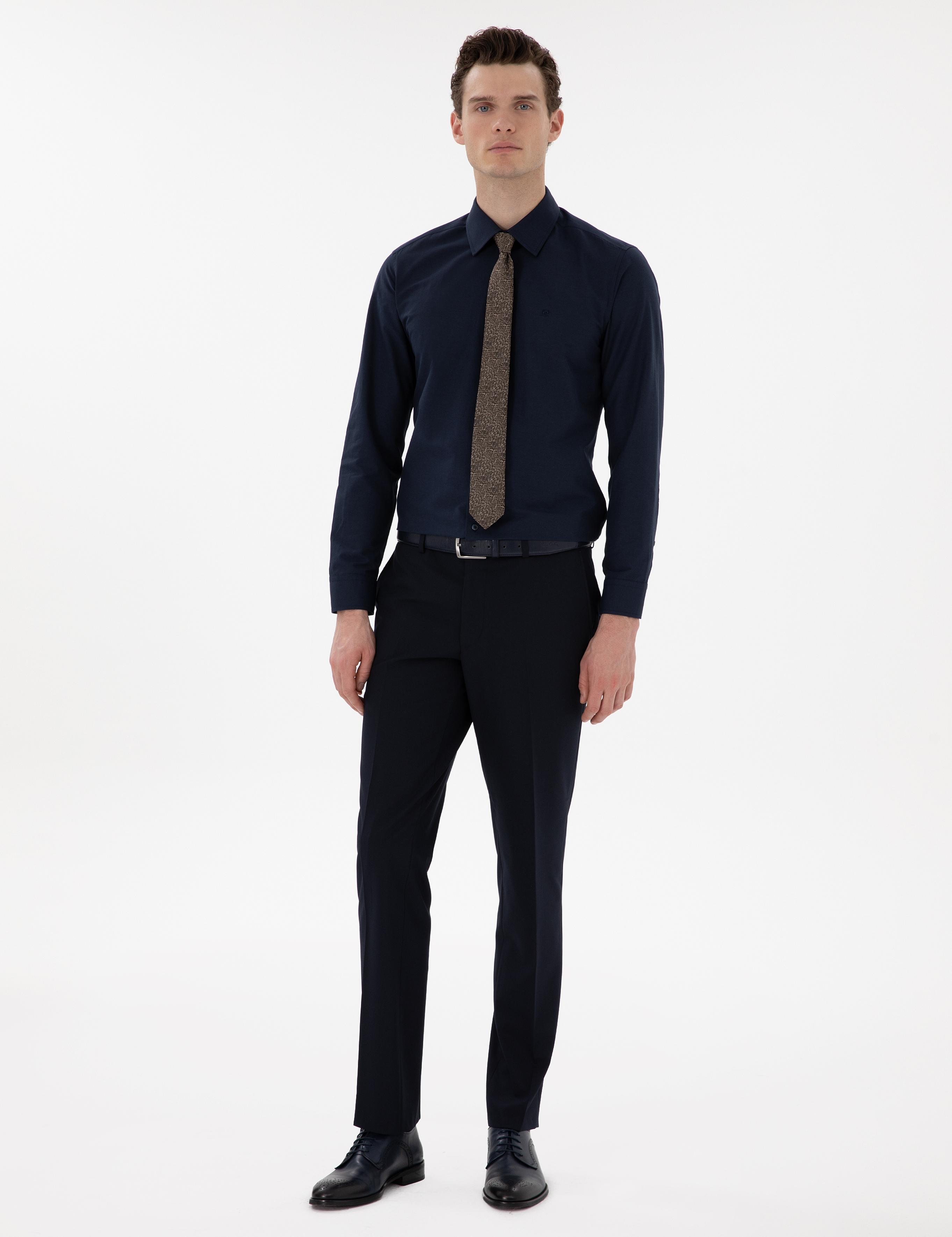 Lacivert Slim Fit Uzun Kollu Klasik Basic Gömlek