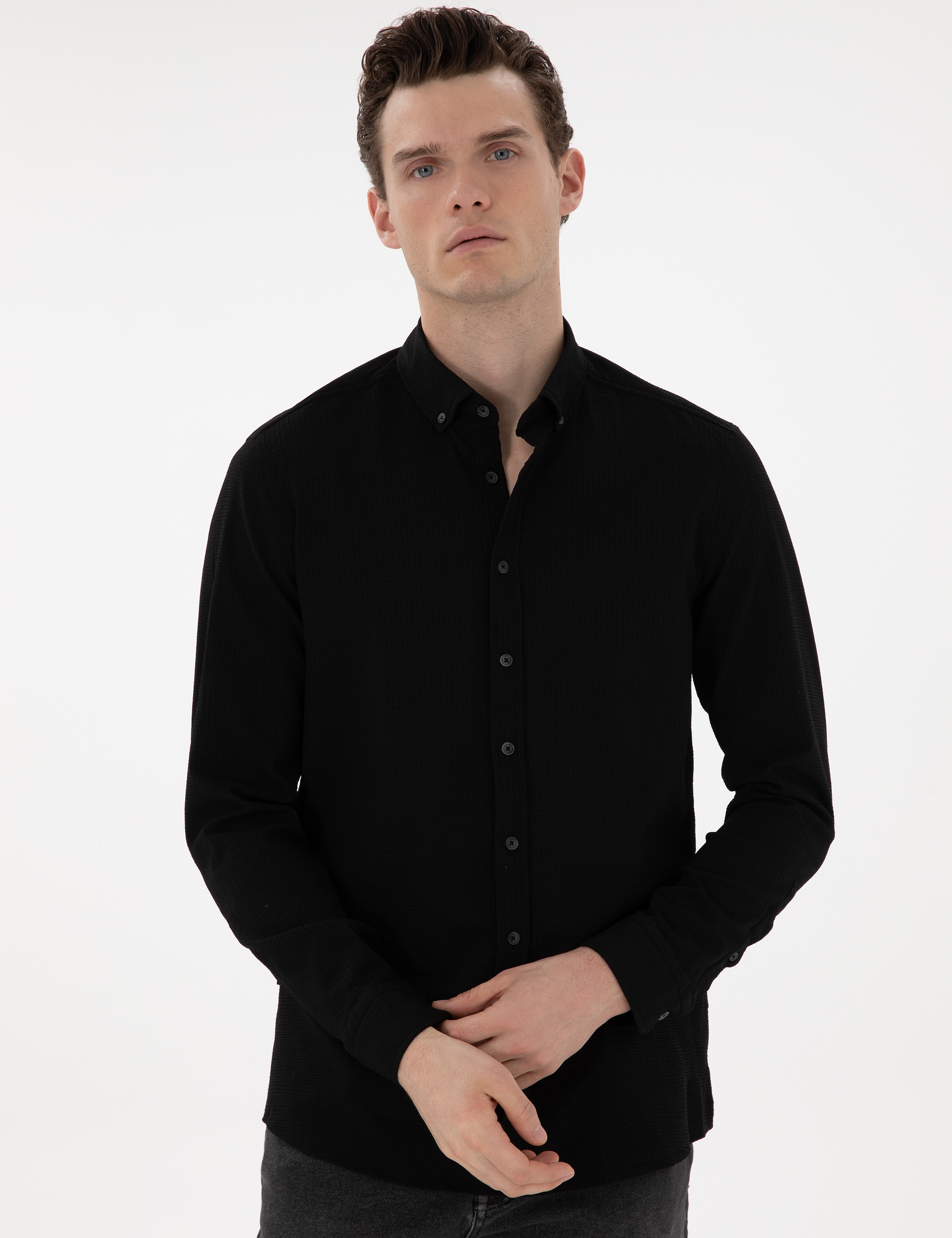 Siyah Slim Fit Uzun Kollu Gömlek - Image 3
