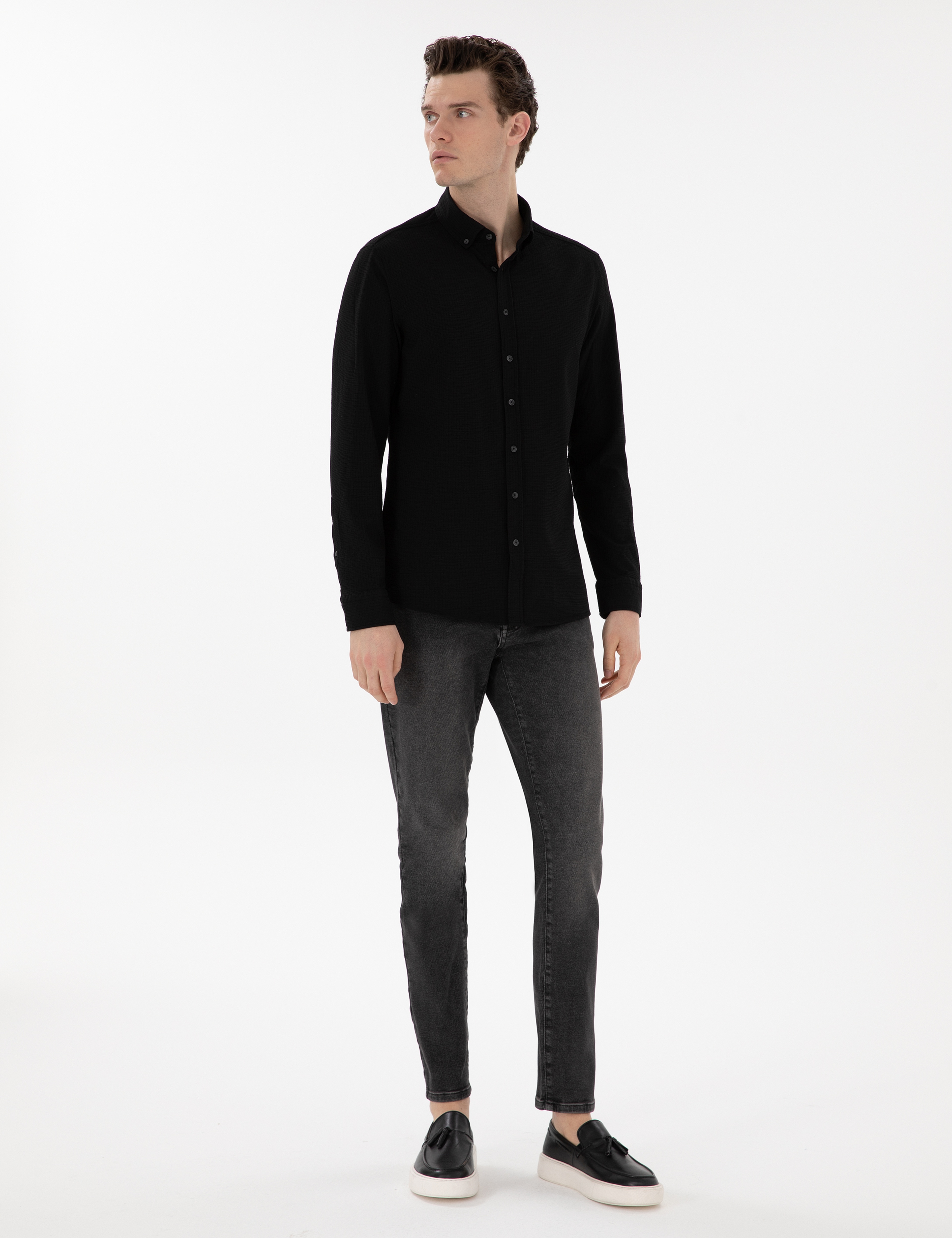 Siyah Slim Fit Uzun Kollu Gömlek - Image 4
