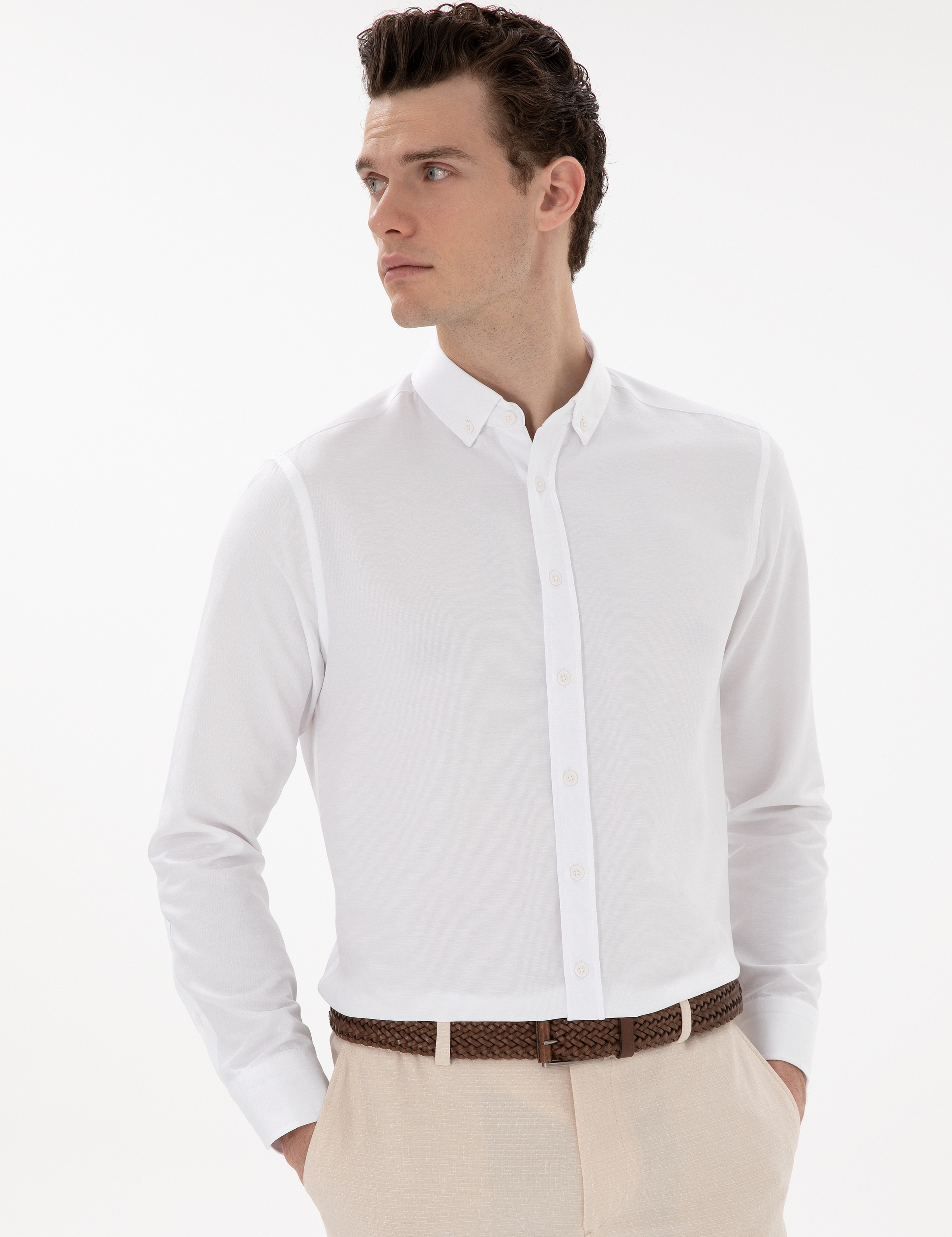 Beyaz Regular Fit Uzun Kollu Gömlek - Image 3