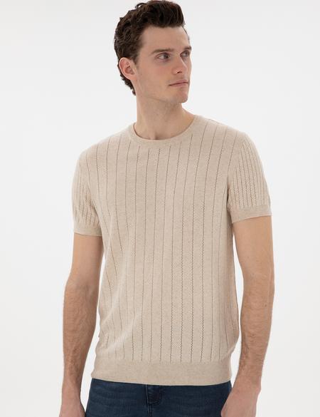 Bej Keten Karışımlı Regular Fit Bisiklet Yaka Triko Tişört - 50305992008