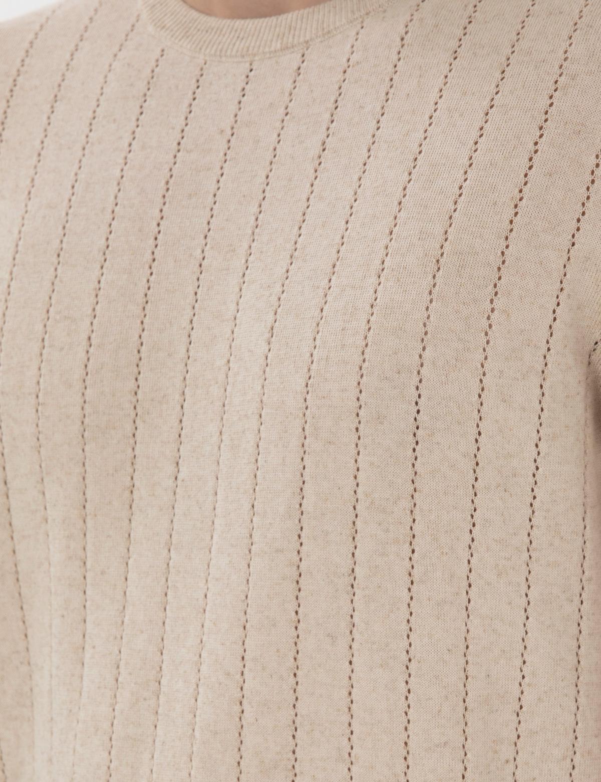 Bej Keten Karışımlı Regular Fit Bisiklet Yaka Triko Tişört - 50305992008