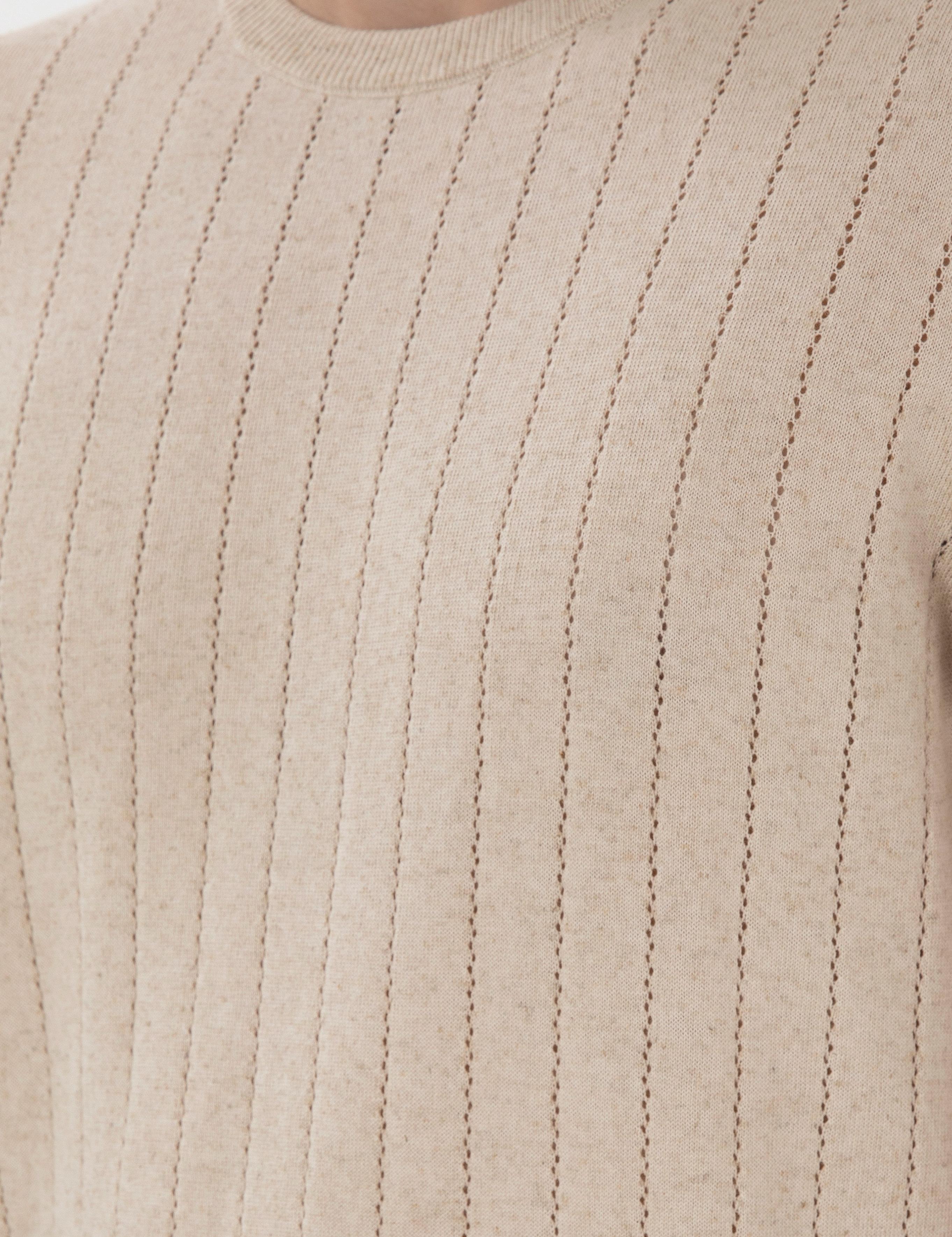 Bej Keten Karışımlı Regular Fit Bisiklet Yaka Triko Tişört