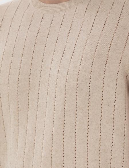 Bej Keten Karışımlı Regular Fit Bisiklet Yaka Triko Tişört - 50305992008