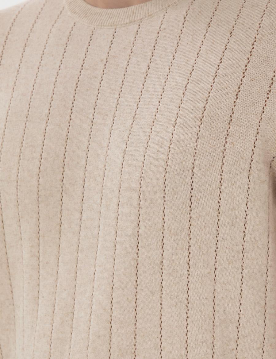 Bej Keten Karışımlı Regular Fit Bisiklet Yaka Triko Tişört