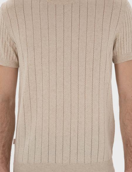 Bej Keten Karışımlı Regular Fit Bisiklet Yaka Triko Tişört - 50305992008