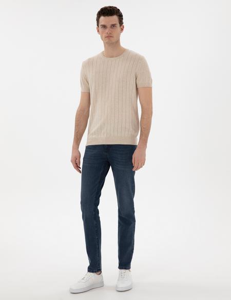 Bej Keten Karışımlı Regular Fit Bisiklet Yaka Triko Tişört - 50305992008