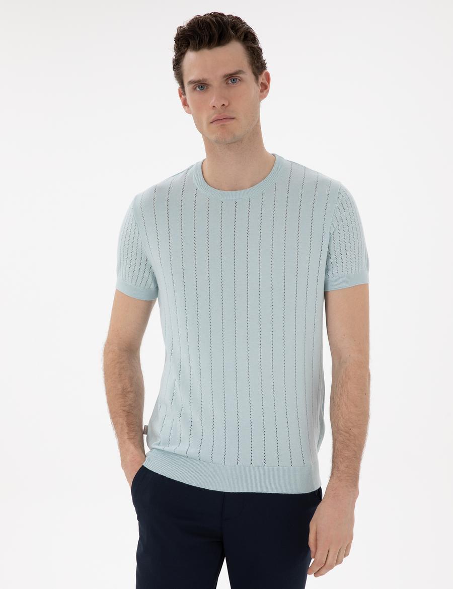 Su Yeşili Keten Karışımlı Regular Fit Bisiklet Yaka Triko Tişört