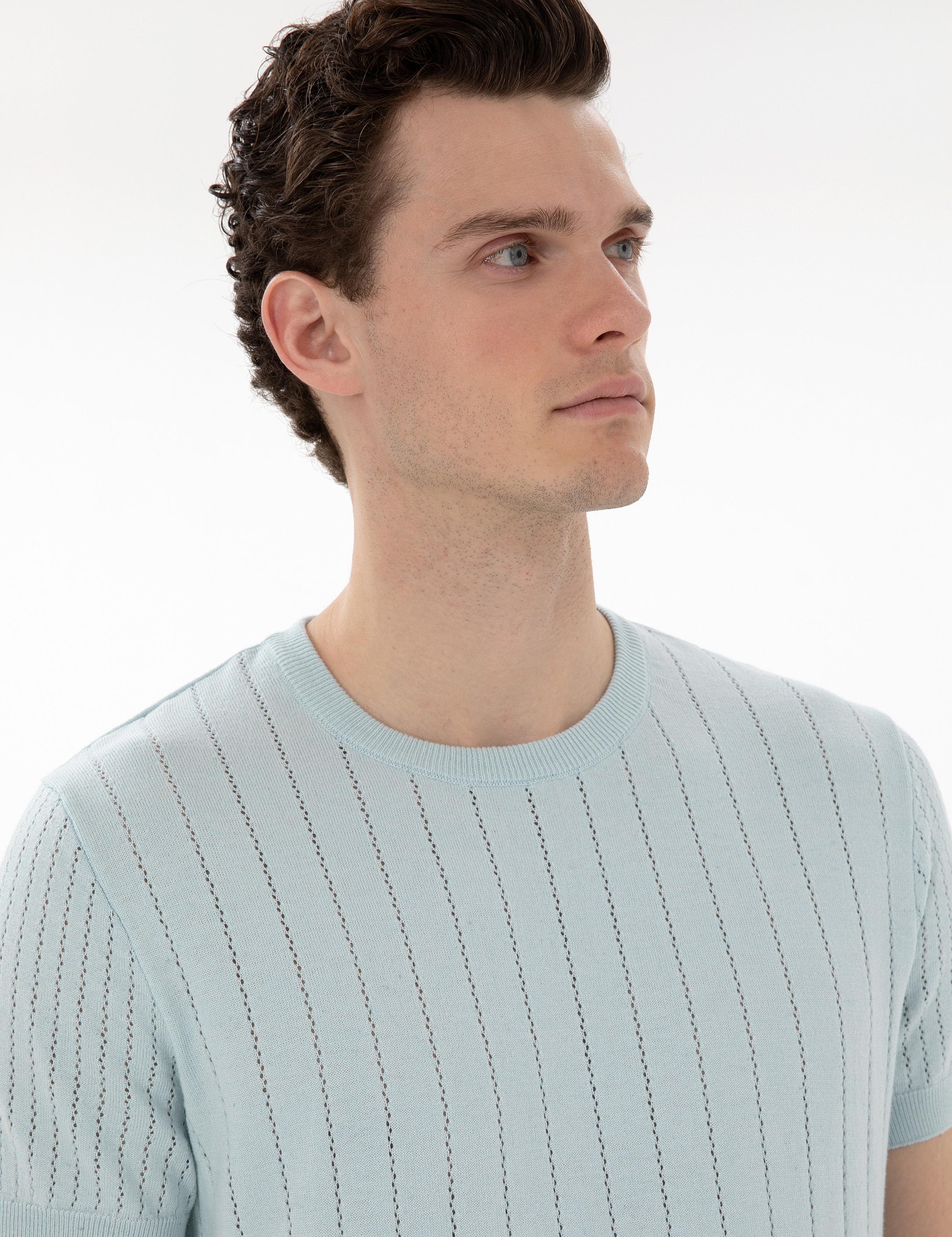 Su Yeşili Keten Karışımlı Regular Fit Bisiklet Yaka Triko Tişört