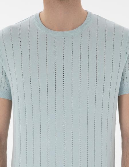 Su Yeşili Keten Karışımlı Regular Fit Bisiklet Yaka Triko Tişört - 50305992037