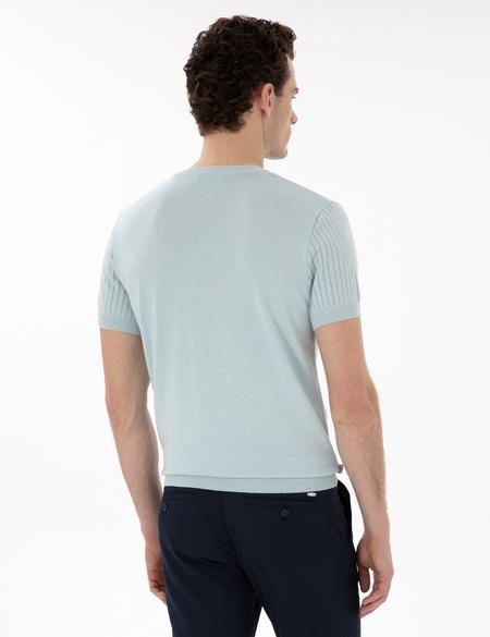 Su Yeşili Keten Karışımlı Regular Fit Bisiklet Yaka Triko Tişört - 50305992037