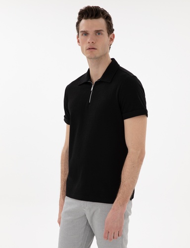 Siyah Slim Fit Fermuarlı Polo Yaka Tişört