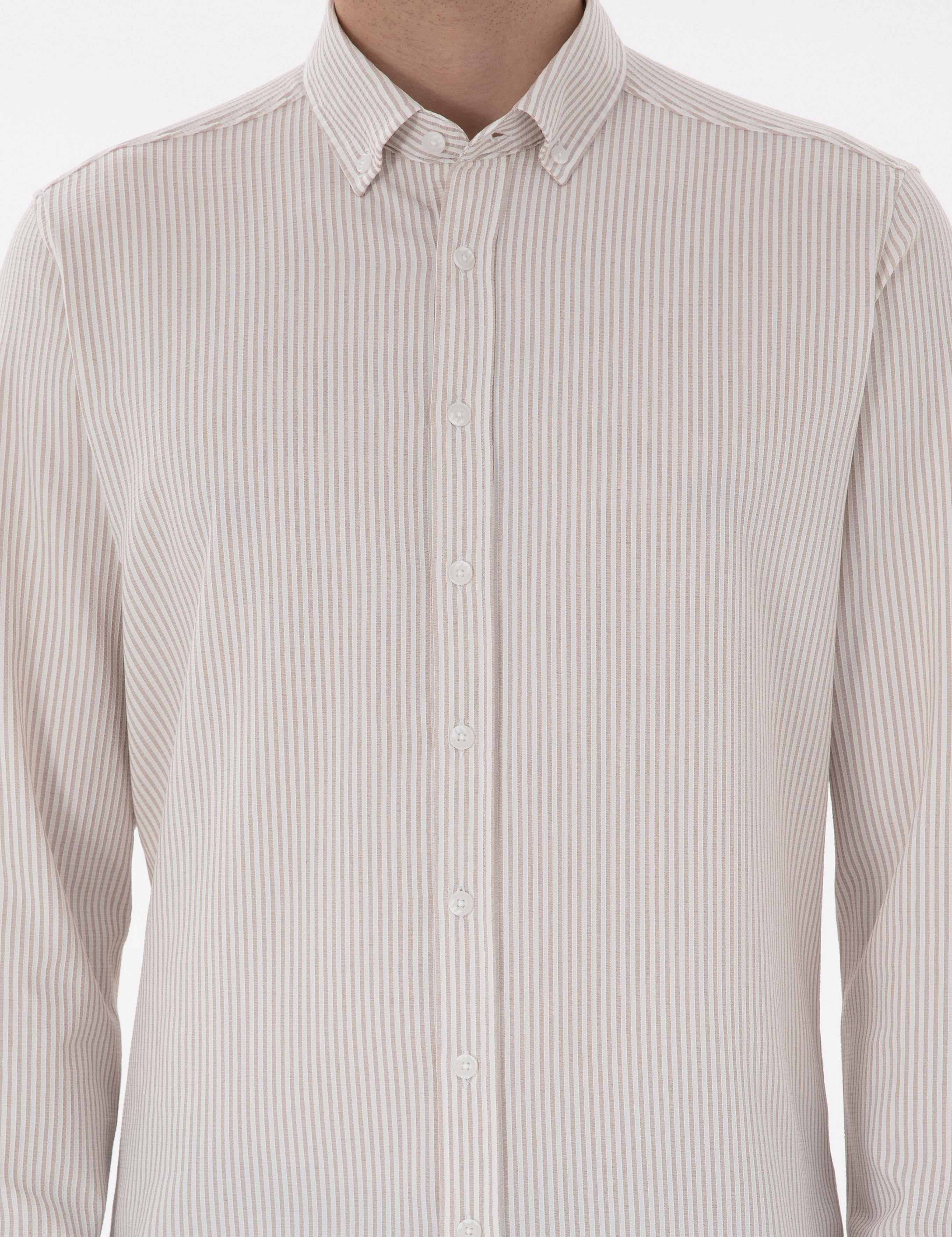 Bej Slim Fit Çizgili Uzun Kollu Gömlek