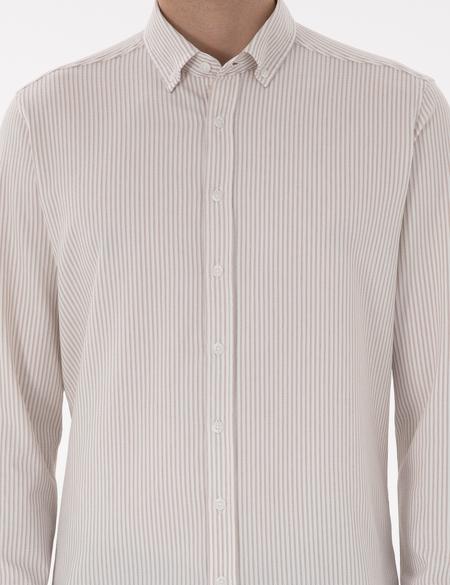 Bej Slim Fit Çizgili Uzun Kollu Gömlek - 50301583073