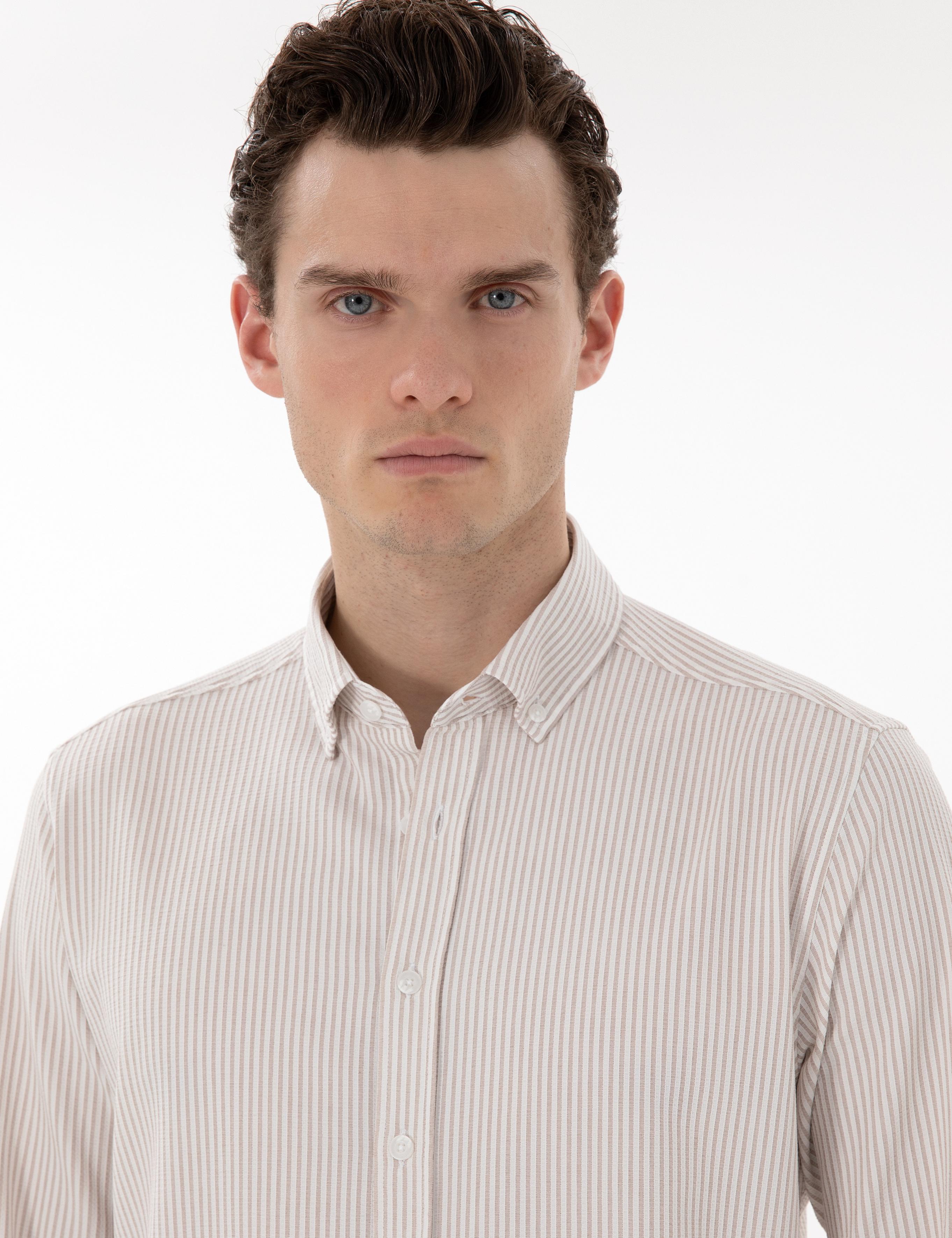 Bej Slim Fit Çizgili Uzun Kollu Gömlek