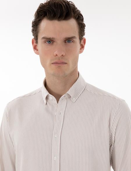 Bej Slim Fit Çizgili Uzun Kollu Gömlek - 50301583073