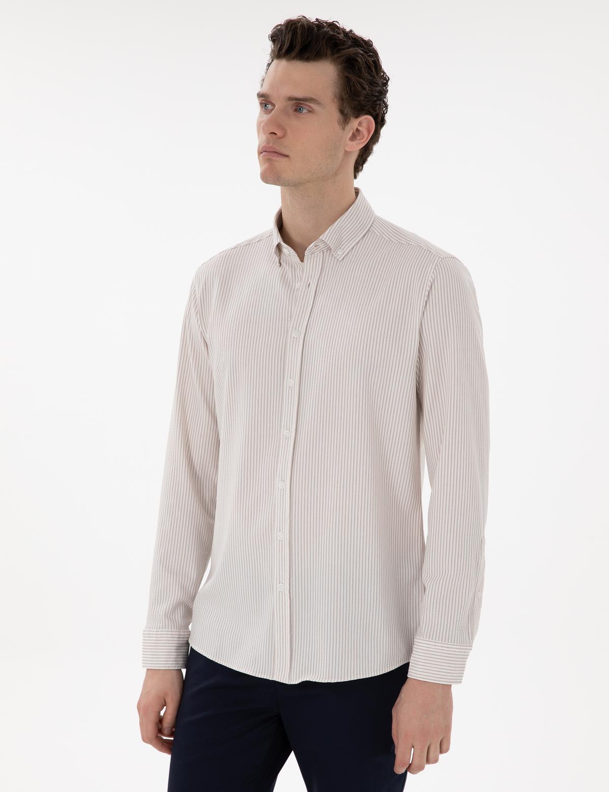 Bej Slim Fit Çizgili Uzun Kollu Gömlek