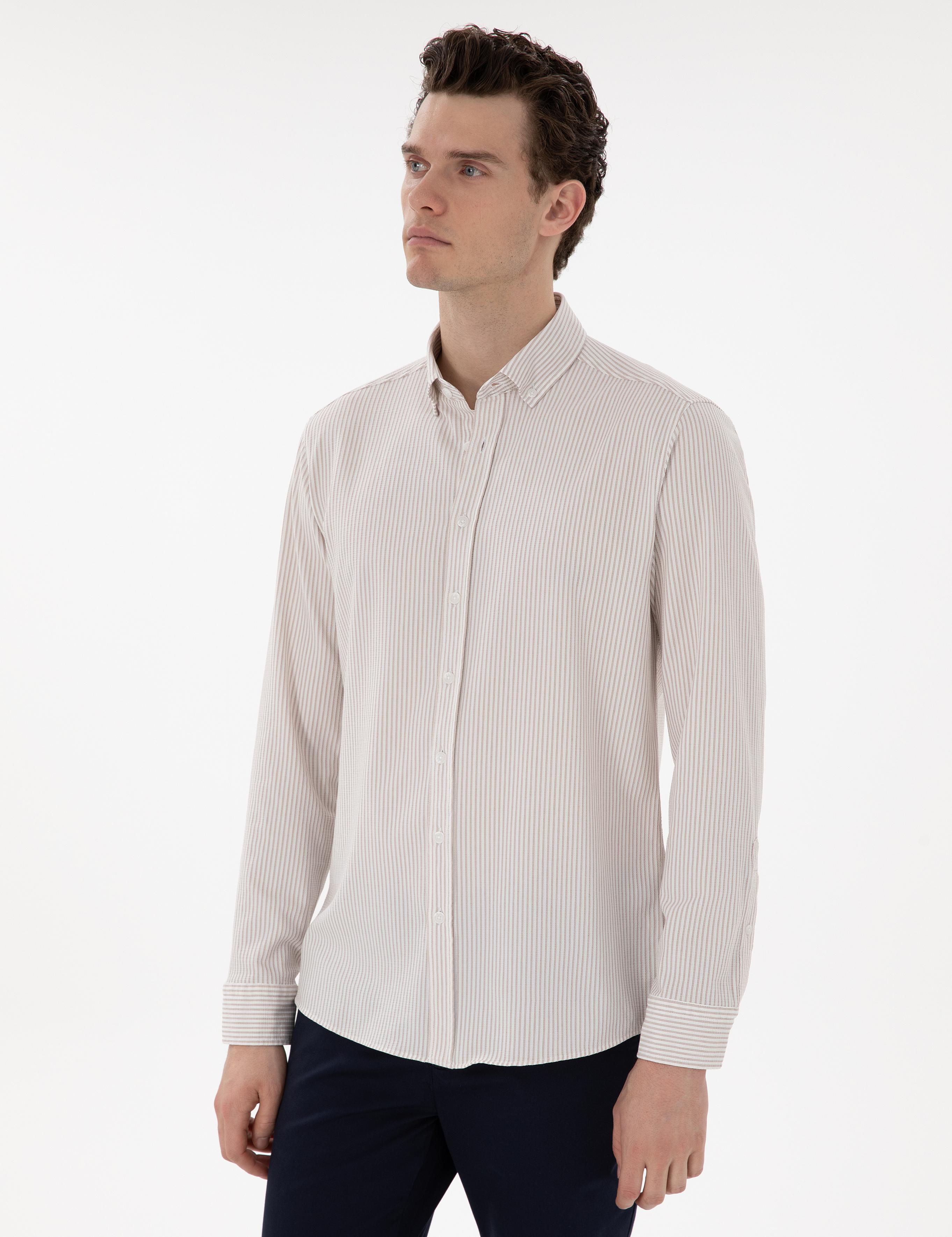 Bej Slim Fit Çizgili Uzun Kollu Gömlek