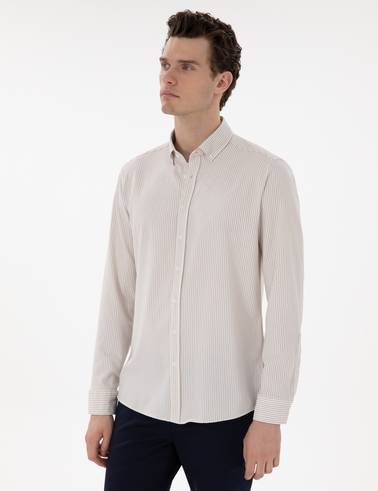 Bej Slim Fit Çizgili Uzun Kollu Gömlek