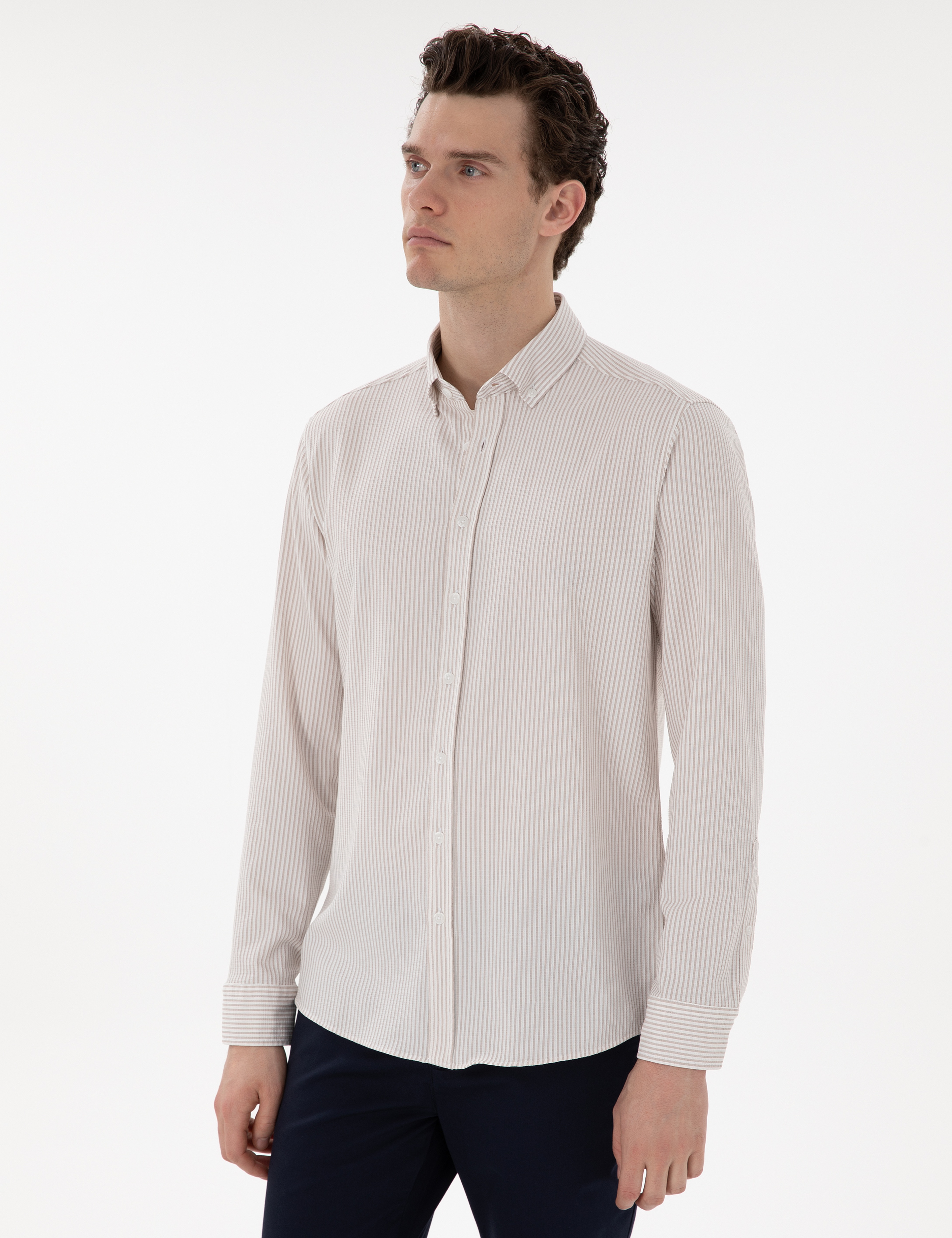 Bej Slim Fit Çizgili Uzun Kollu Gömlek - Image 1