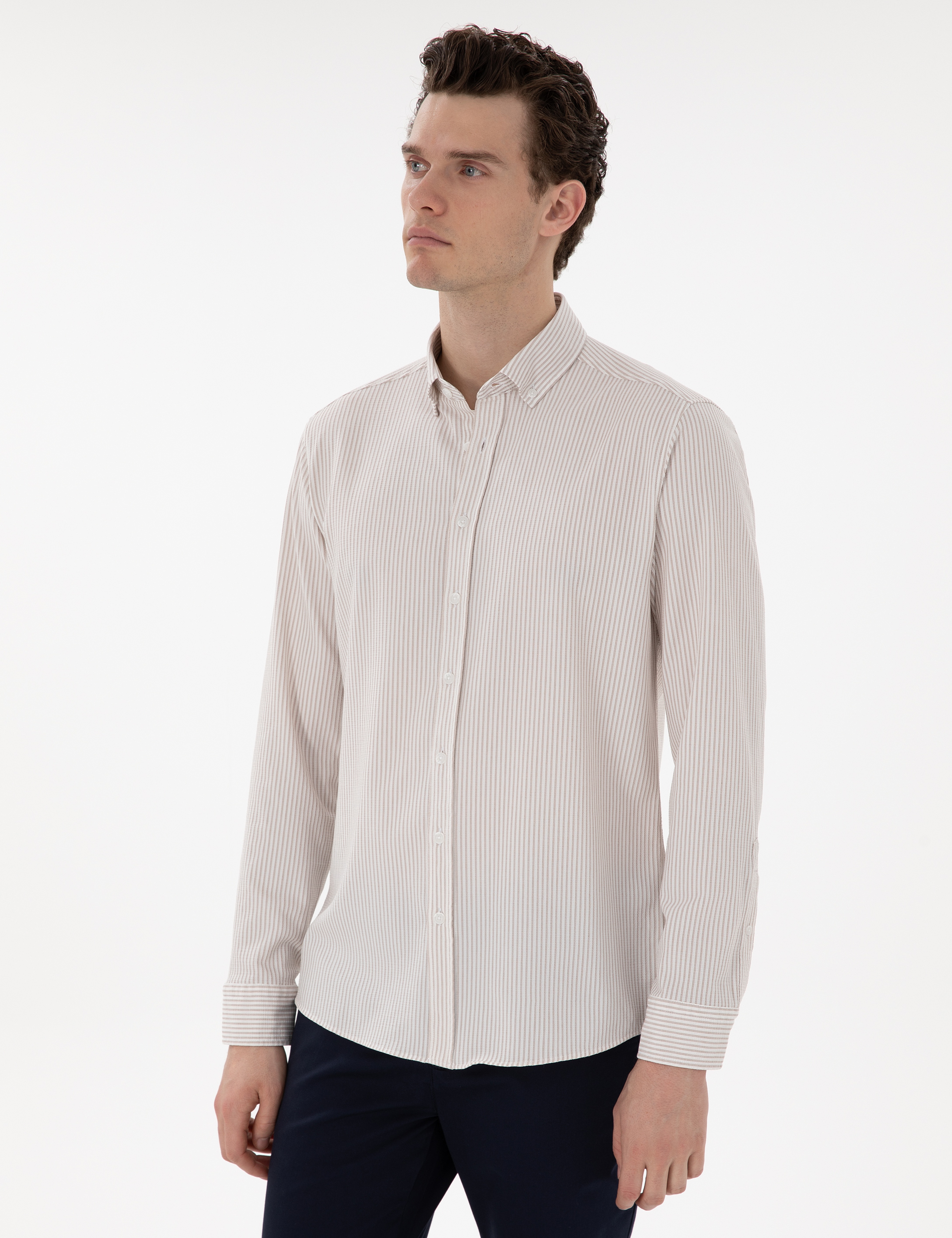 Bej Slim Fit Çizgili Uzun Kollu Gömlek