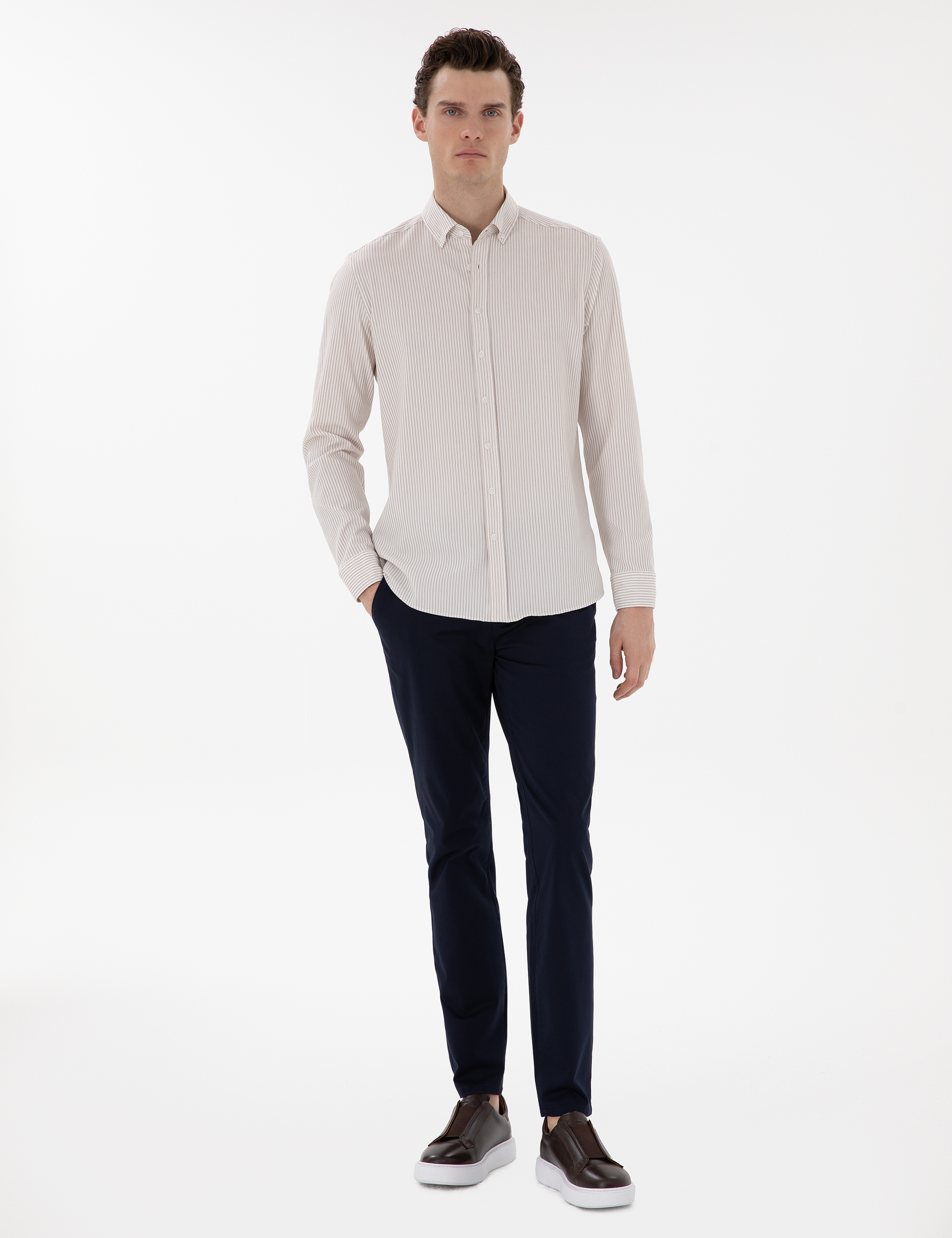 Bej Slim Fit Çizgili Uzun Kollu Gömlek - Image 4