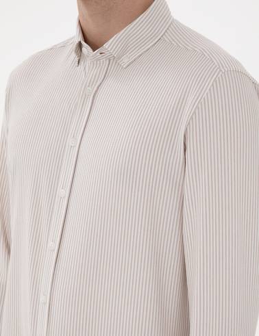 Bej Slim Fit Çizgili Uzun Kollu Gömlek