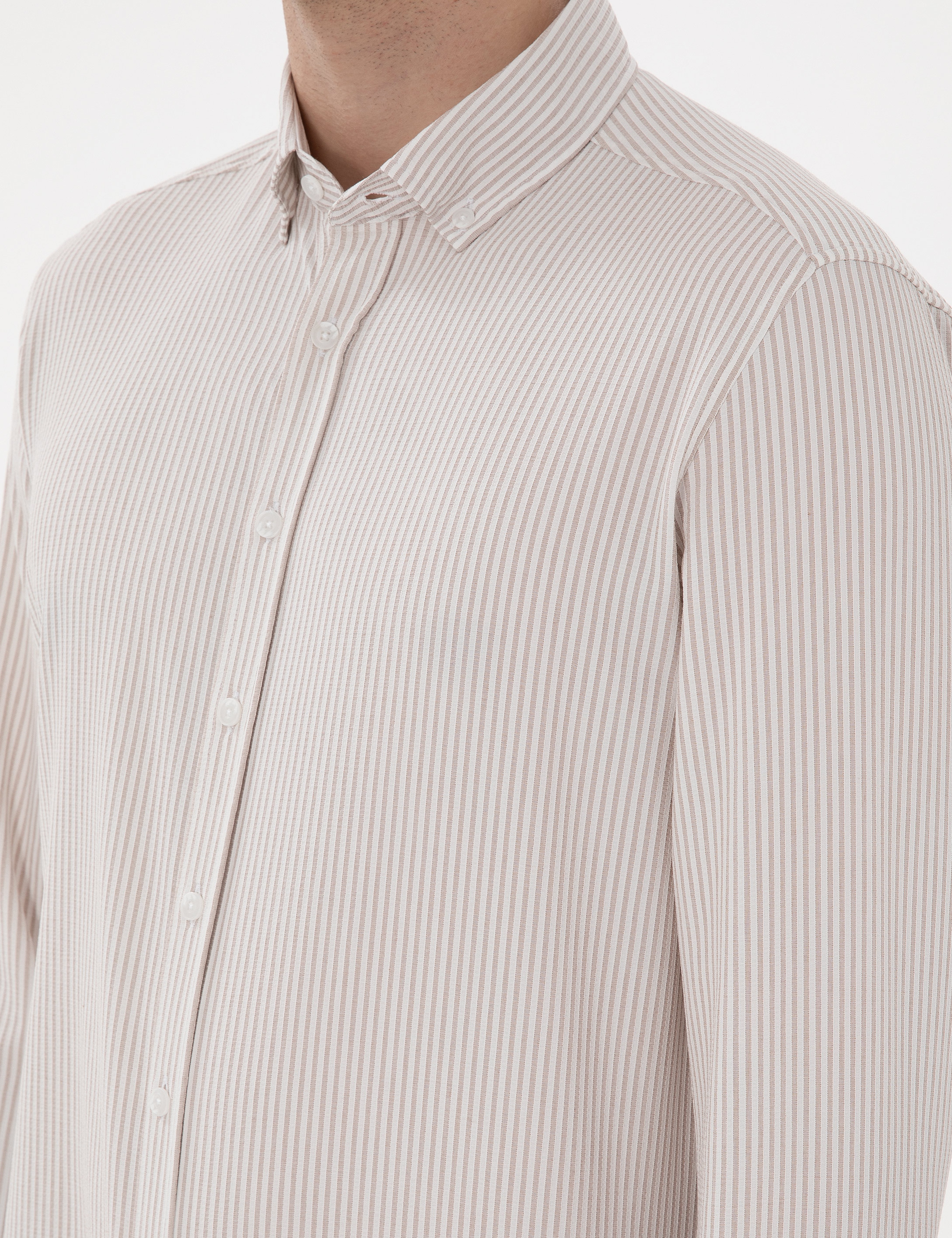 Bej Slim Fit Çizgili Uzun Kollu Gömlek - Image 7
