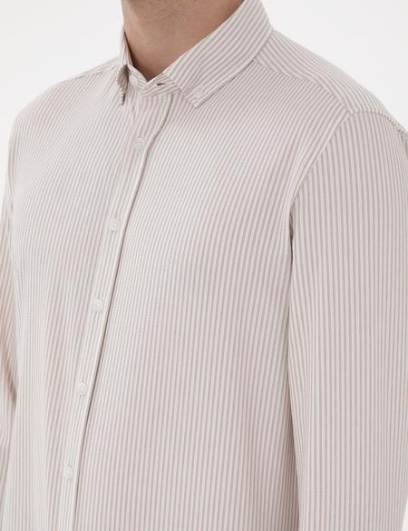 Bej Slim Fit Çizgili Uzun Kollu Gömlek - 50301583073