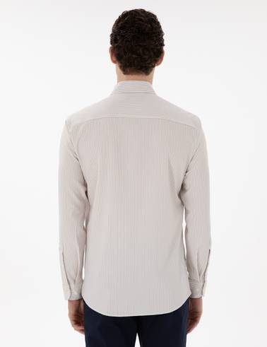 Bej Slim Fit Çizgili Uzun Kollu Gömlek