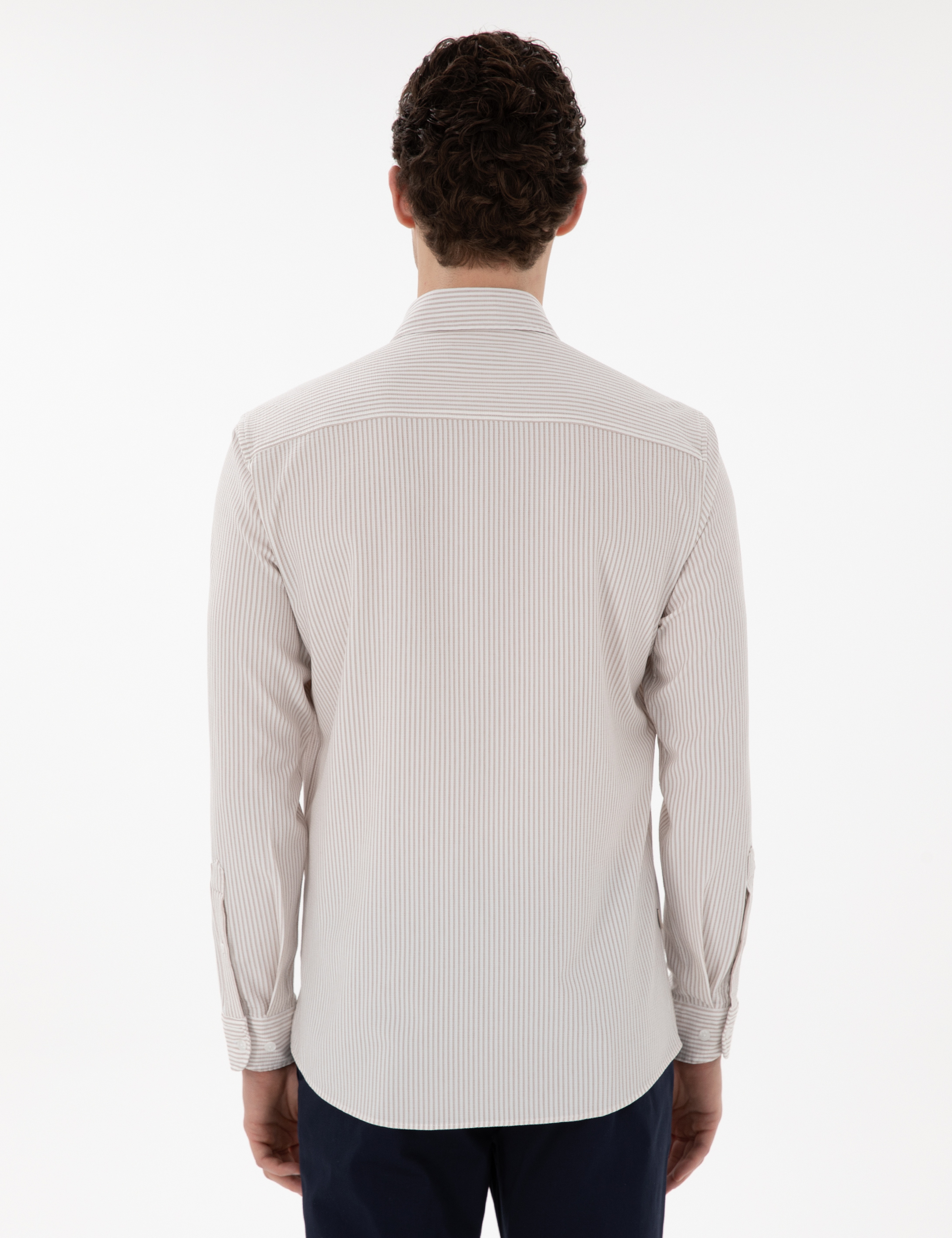 Bej Slim Fit Çizgili Uzun Kollu Gömlek - Image 5