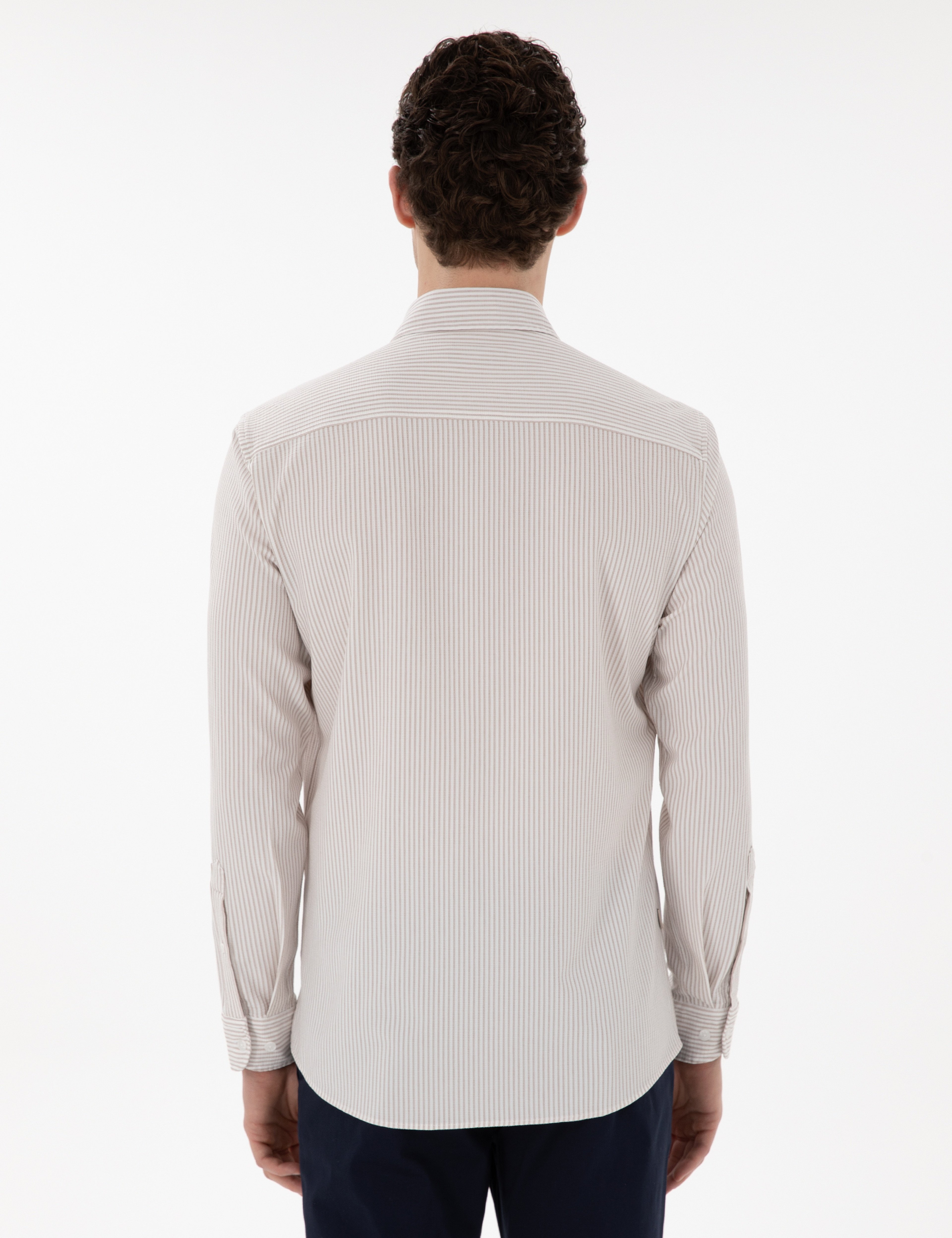 Bej Slim Fit Çizgili Uzun Kollu Gömlek