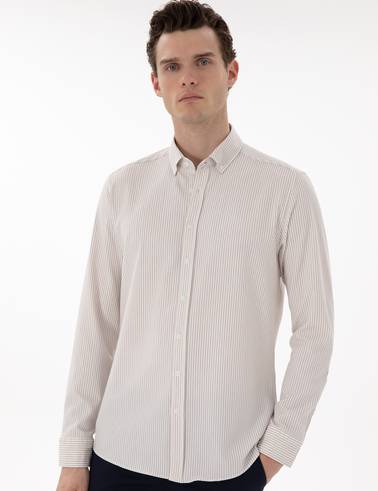 Bej Slim Fit Çizgili Uzun Kollu Gömlek
